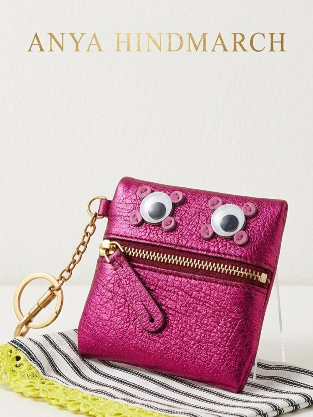 Anya Hindmarch Metallic Pink Eyes Coin Purse Keychain Wallet Playful Luxury Gift